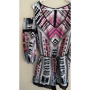 Bisou Bisou, Michelle Bohbot Multi Color Print Lace Romper - Size M